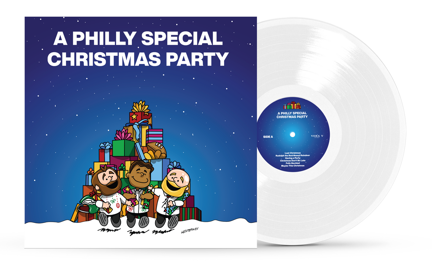 A Philly Special Christmas -White Vinyl LP Record with Jason Kelce, Jordan Mailata and Lane Johnson. 2024 Vera Y Records. All Rights Reserved. 