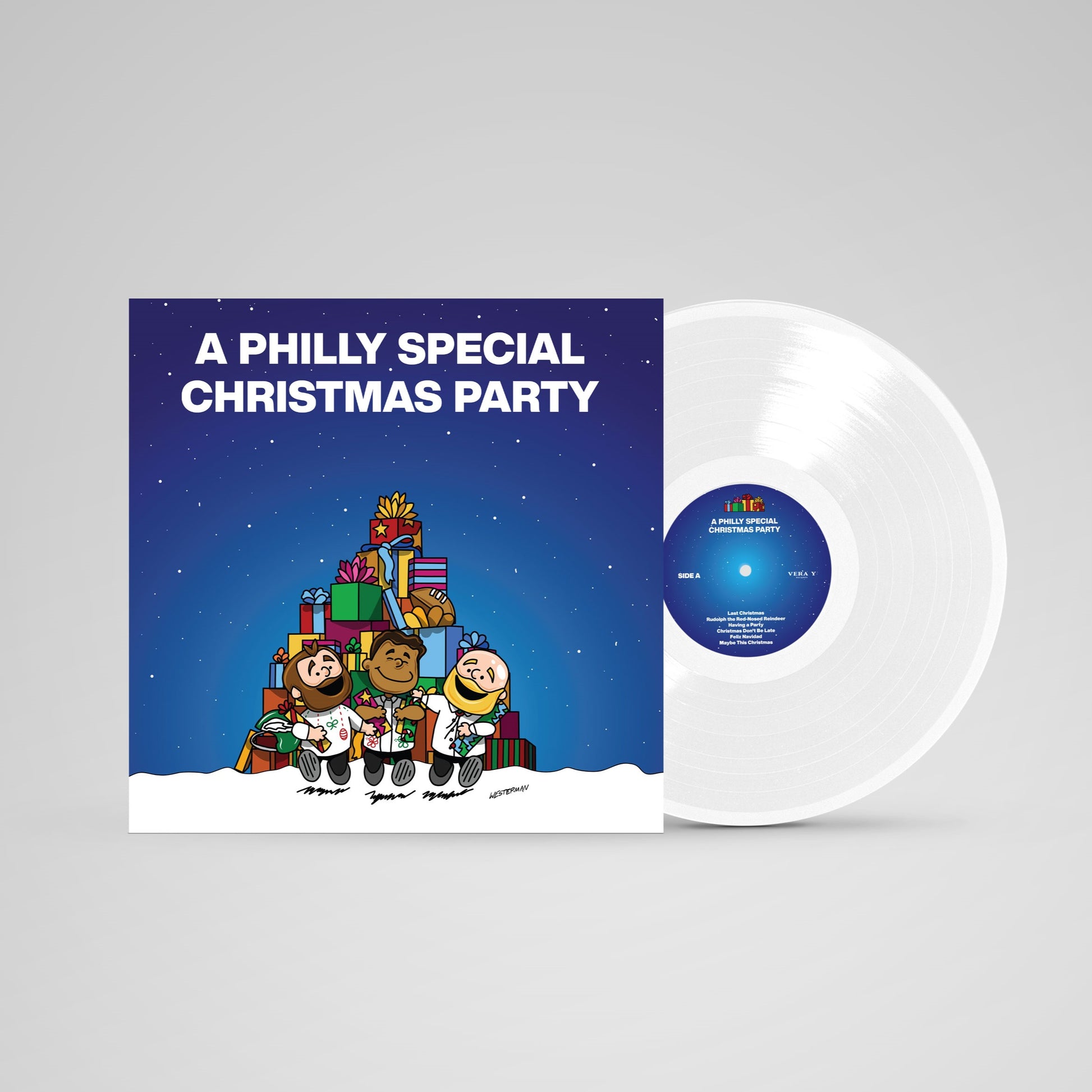 A Philly Special Christmas Party White Vinyl with Jason Kelce, Jordan Mailata and Lane Johnson. 2024 Vera Y Records. All Rights Reserved. 